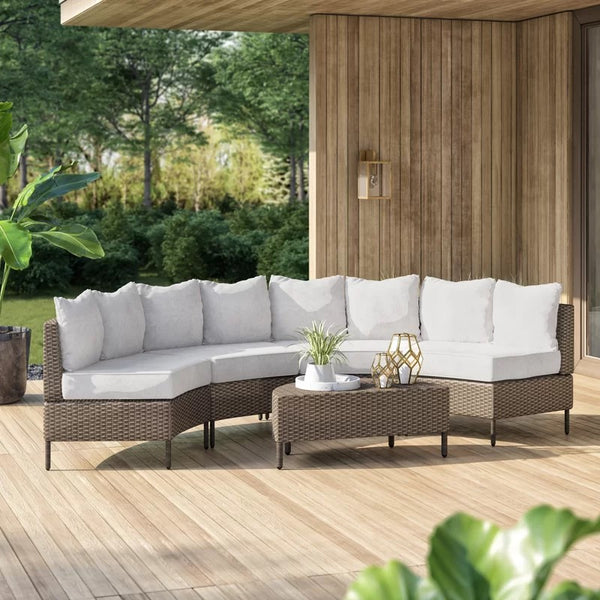 English Elm Christopher Knight Home® - PT Limon 5PCS Sofa Set - Weather-Resistant PE Rattan Half-Circle Lounge with Removable Cushions and Sturdy Iron Frame Brown+Light Gray PTLIMON5PCSBRN