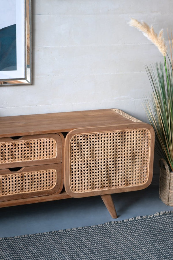 English Elm 59x15x20" Solid Teak Media Cabinet with Woven Cane Doors for Living or Dining Rooms W2078P174835