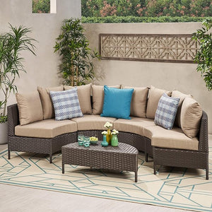 English Elm Christopher Knight Home® - PT Limon 5PCS Sofa Set - Weather-Resistant PE Rattan Half-Circle Lounge with Removable Cushions and Sturdy Iron Frame Brown+Beige PTLIMON5PCS