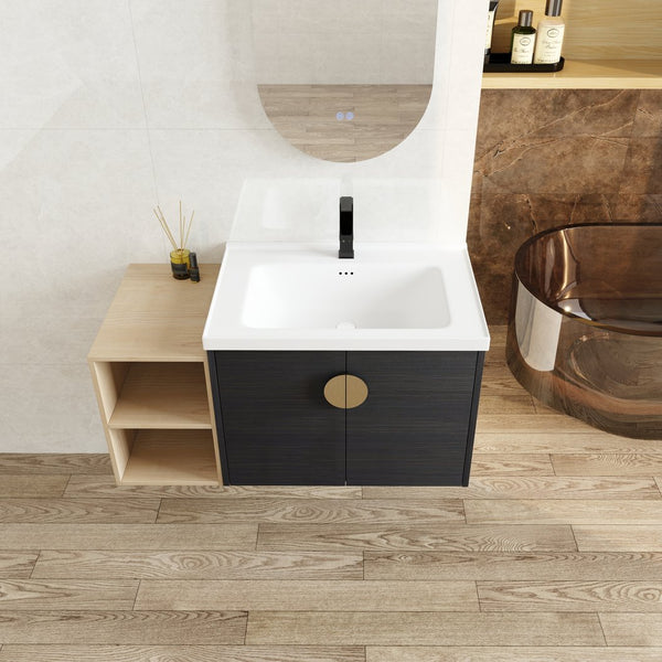 English Elm 40 Inch Wall-Mounted Vanity with Ceramic Sink, Soft-Close Double Doors, Metal Handles & Shelf Storage W999S00148