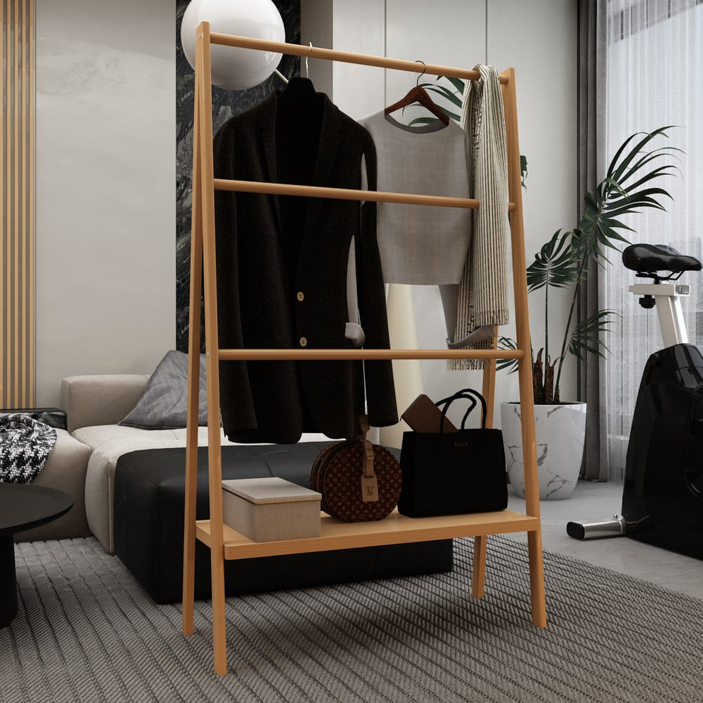 English Elm Bamboo Freestanding Towel Ladder with Bottom Shelf – Beach & Poolside Storage, Lightweight Eco-Friendly Elegance W2207P147173