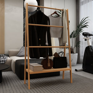English Elm Bamboo Freestanding Towel Ladder with Bottom Shelf – Beach & Poolside Storage, Lightweight Eco-Friendly Elegance W2207P147173