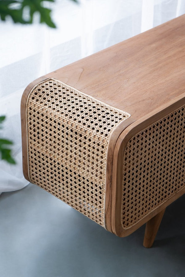 English Elm 59x15x20" Solid Teak Media Cabinet with Woven Cane Doors for Living or Dining Rooms W2078P174835