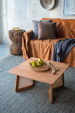 English Elm 27.6x27.6x13.8" Teak and Rattan Square Coffee Table for Bohemian or Coastal Living Rooms W2078P174867