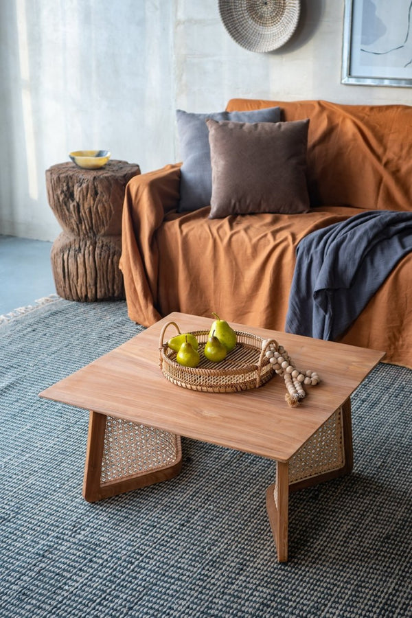 English Elm 27.6x27.6x13.8" Teak and Rattan Square Coffee Table for Bohemian or Coastal Living Rooms W2078P174867