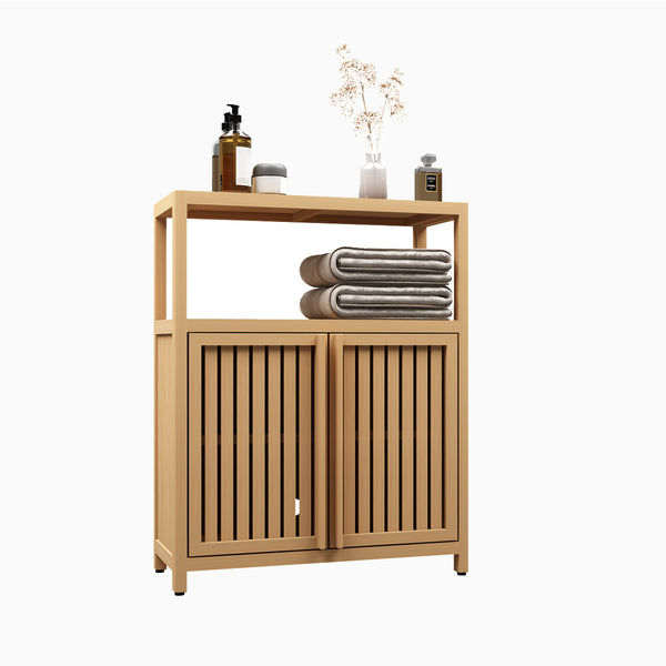 English Elm Large Bamboo Storage Cabinet with Louvered Doors — Moisture‑Resistant Freestanding Organizer for Bathroom, Kitchen, Living Room Neutral W2207P147169