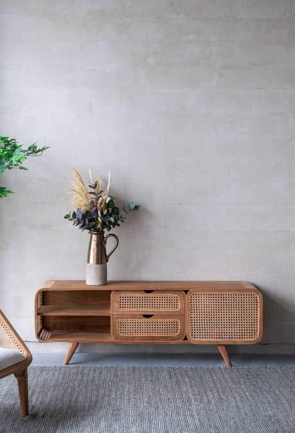 English Elm 59x15x20" Solid Teak Media Cabinet with Woven Cane Doors for Living or Dining Rooms W2078P174835