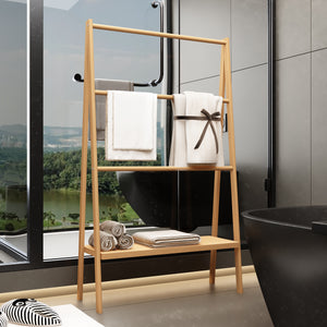 English Elm Bamboo Freestanding Towel Ladder with Bottom Shelf – Beach & Poolside Storage, Lightweight Eco-Friendly Elegance W2207P147173