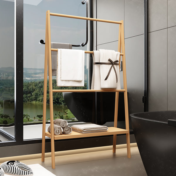 English Elm Bamboo Freestanding Towel Ladder with Bottom Shelf – Beach & Poolside Storage, Lightweight Eco-Friendly Elegance W2207P147173