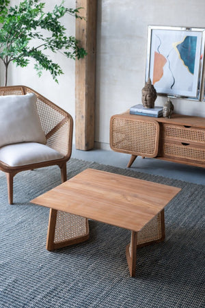 English Elm 27.6x27.6x13.8" Teak and Rattan Square Coffee Table for Bohemian or Coastal Living Rooms W2078P174867