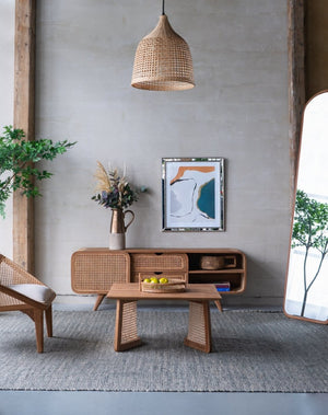 English Elm 27.6x27.6x13.8" Teak and Rattan Square Coffee Table for Bohemian or Coastal Living Rooms W2078P174867