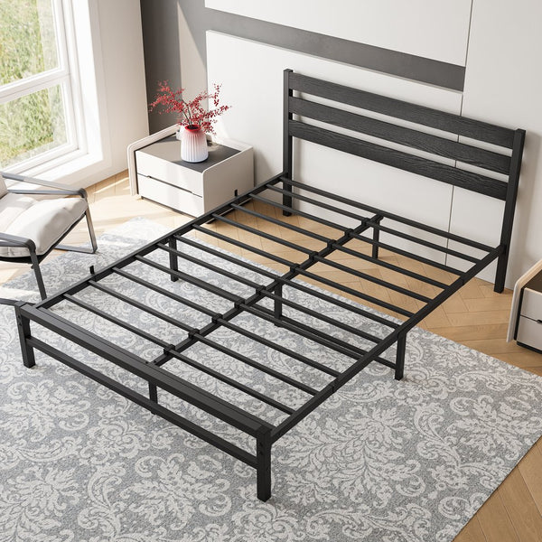 English Elm Queen Platform Bed Frame with Rustic Wooden Headboard, 10.6" Under-Storage, 500lb Steel Slats, Noise-Free Finish W840P164959
