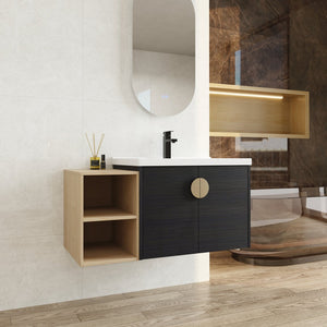 English Elm 40 Inch Wall-Mounted Vanity with Ceramic Sink, Soft-Close Double Doors, Metal Handles & Shelf Storage W999S00148