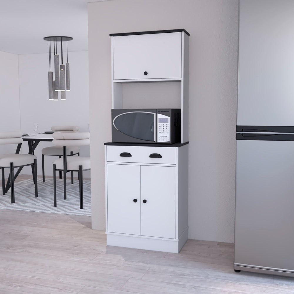English Elm White Wenge and Black 2-Cabinet Kitchen Pantry with Microwave Shelf, Drawer & 3 Doors, 66.3" H B062P175029