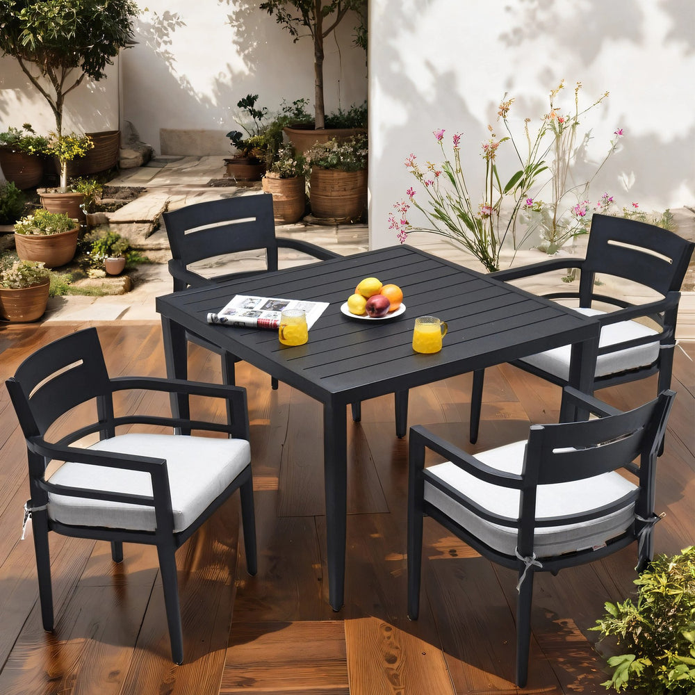 English Elm 5-Piece Modern Outdoor Patio Dining Set With Cushioned Chairs, Umbrella Hole Table, Ember Black Finish W1886S00003