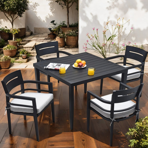 English Elm 5-Piece Modern Outdoor Patio Dining Set With Cushioned Chairs, Umbrella Hole Table, Ember Black Finish W1886S00003