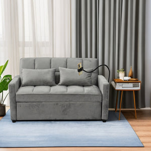 English Elm Modern Velvet Loveseat Futon Sofa Bed with 3-Position Recline, USB Ports, Cup Holders, Light Gray W1183P163126