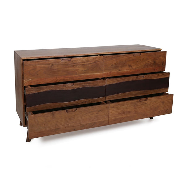 English Elm 59x16.5x31" Acacia Wood Six Drawer Sideboard Live Edge Credenza for Dining Room W2078P174901