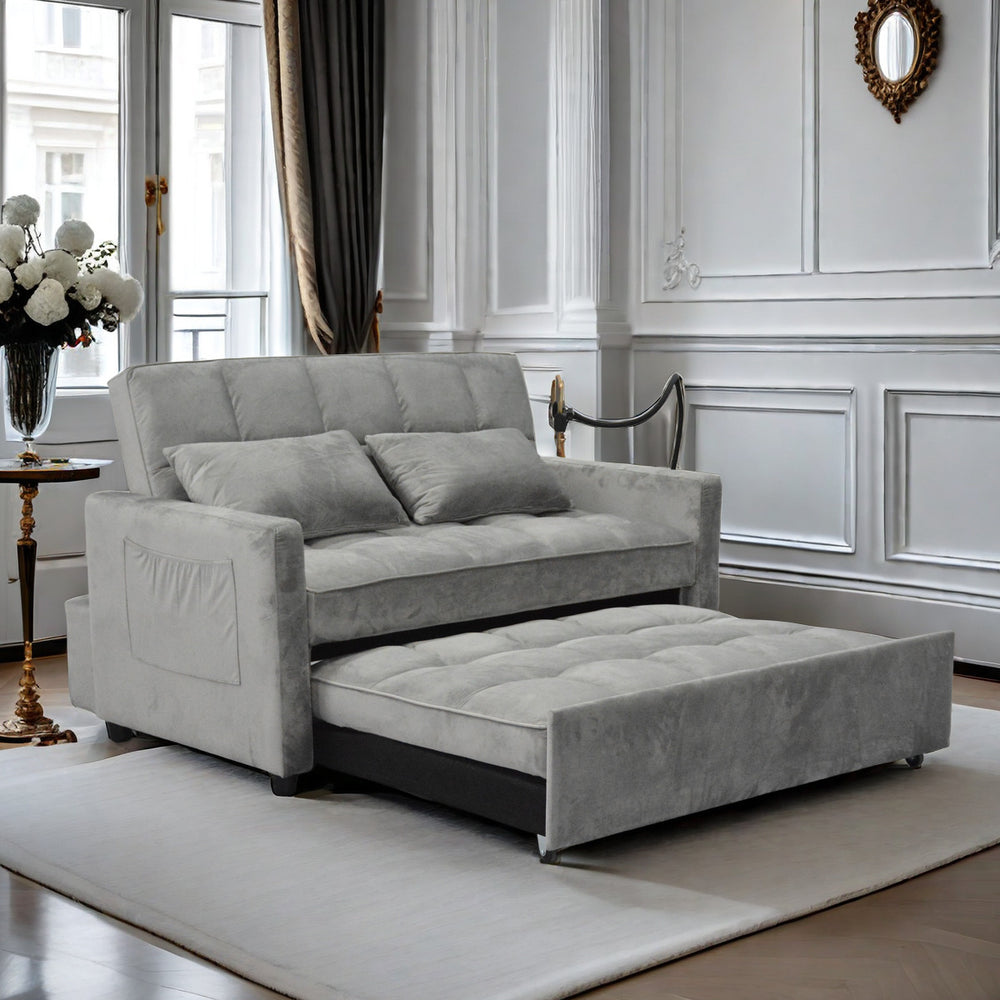 English Elm Modern Velvet Loveseat Futon Sofa Bed with 3-Position Recline, USB Ports, Cup Holders, Light Gray W1183P163126