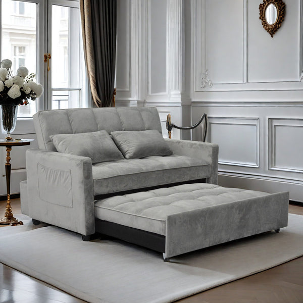 English Elm Modern Velvet Loveseat Futon Sofa Bed with 3-Position Recline, USB Ports, Cup Holders, Light Gray W1183P163126