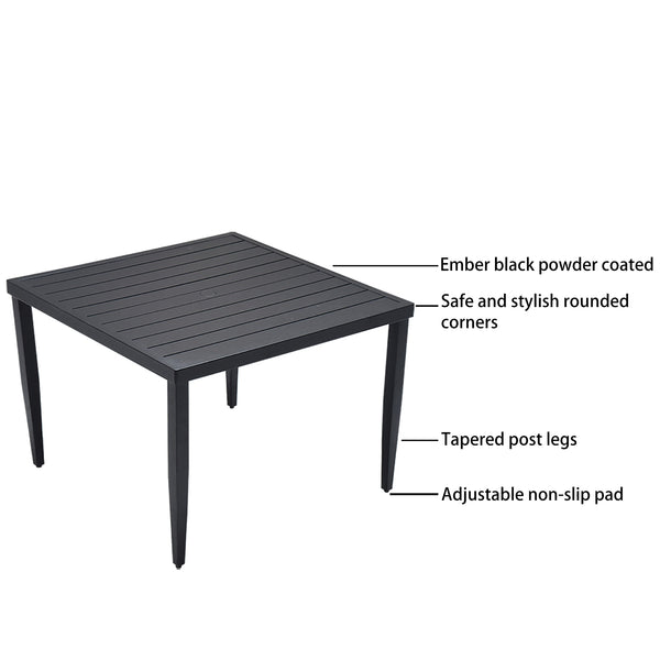 English Elm Outdoor Patio Aluminum 40"X40" Square Dining Table With Umbrella Hole & Adjustable Feet, Ember Black W1886P163131