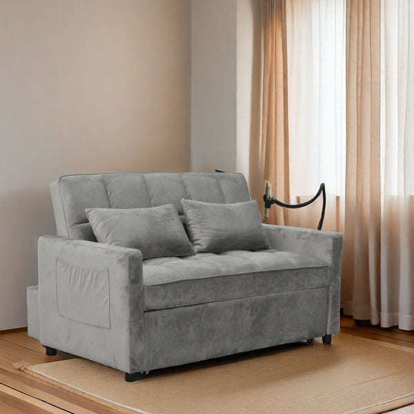English Elm Modern Velvet Loveseat Futon Sofa Bed with 3-Position Recline, USB Ports, Cup Holders, Light Gray W1183P163126