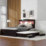 Hearth and Haven Garza Full XL Size Platform Bed with Storage LED Headboard, Charging Station, Twin Size Trundle and 2 Drawers, Dark Brown GX001830AAP