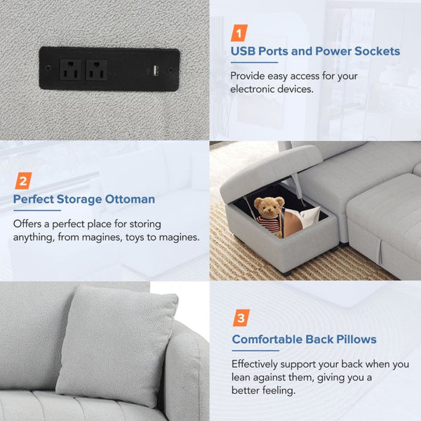 English Elm 82.6" Jacquard Sleeper Sectional with Usb Charging Ottoman Storage Modern Studio SG001440AAE