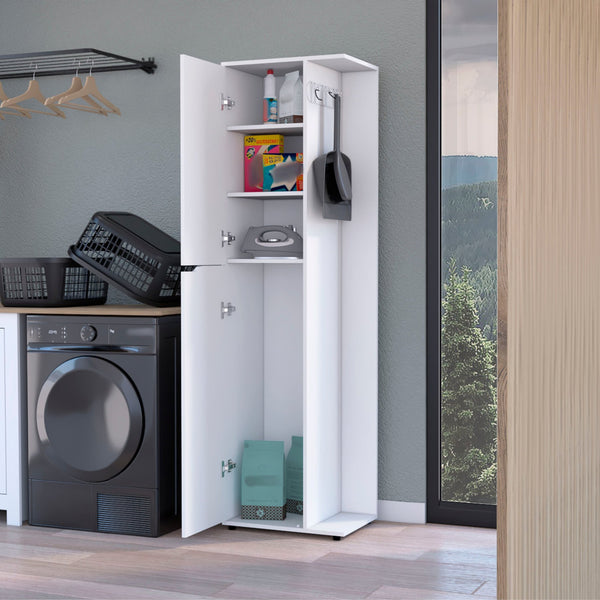 English Elm White Broom Cabinet 2-Door with Fixed Shelves, Tall 71.3" Organizer for Mops, Cleaning Supplies, Durable White Finish B062S00369