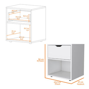 English Elm White Elegant Drawer Nightstand — Sleek White Bedside Table with Drawer & Open Shelf for Stylish Storage B062P175058