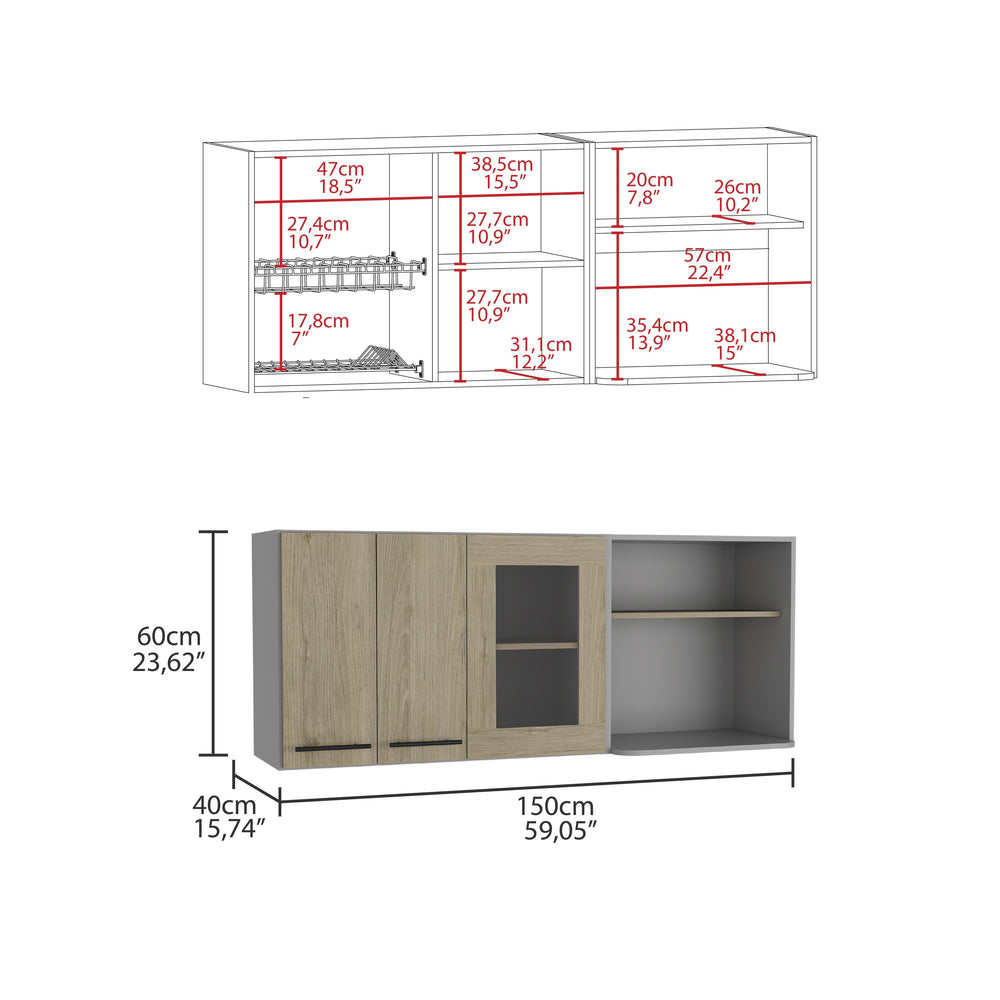 English Elm Hasselt Light Pine Wall Cabinet Double Door Glass Front Removable Rack Beige Particle Board, Stylish B070S00162