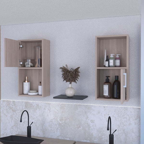 English Elm White Oak Twin Bathroom Medicine Cabinets with Open Shelf, White Oak Finish, Discreet Handles, Compact Storage B062P175074