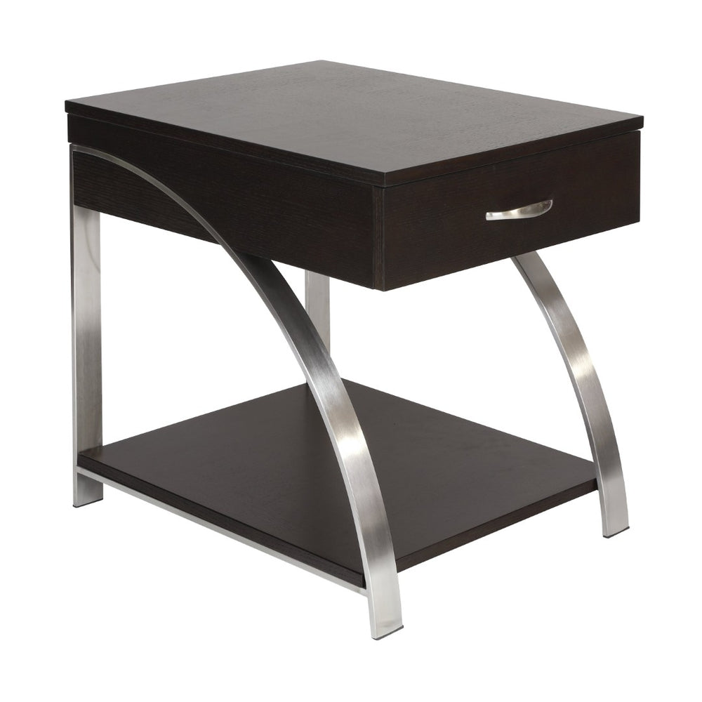English Elm Modern Espresso Wood Side Table with Chrome Legs Open Shelf and Pull Out Drawer B011P175371