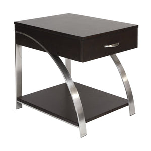 English Elm Modern Espresso Wood Side Table with Chrome Legs Open Shelf and Pull Out Drawer B011P175371