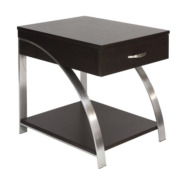 English Elm Modern Espresso Wood Side Table with Chrome Legs Open Shelf and Pull Out Drawer B011P175371