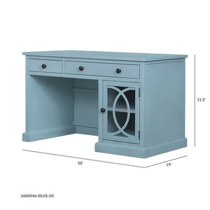 English Elm 50x26x31" Solid Acacia Writing Desk with Glass Cabinet Door Bold Painted Finish Blue W2078P175450