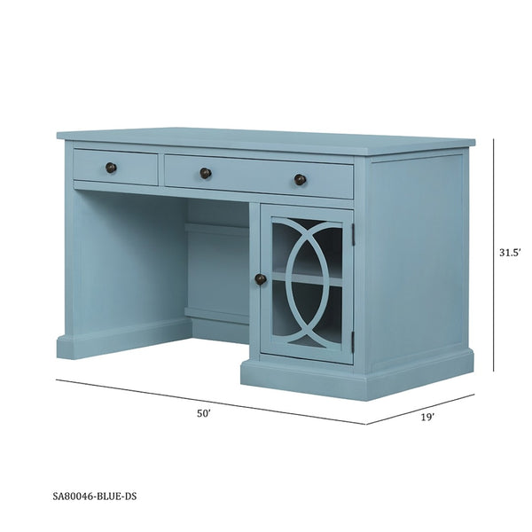 English Elm 50x26x31" Solid Acacia Writing Desk with Glass Cabinet Door Bold Painted Finish Blue W2078P175450