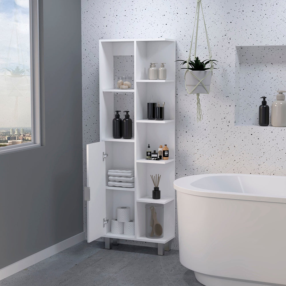 English Elm White 9-Shelf Linen Cabinet – Tall Bathroom Storage Cupboard with 9 Adjustable Shelves, Slim 63" Profile, Crisp White Finish for Towels & Toiletries Organizing Elegance B062P175040