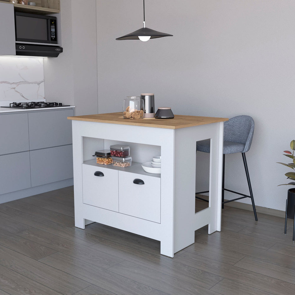 English Elm White 2-Door Kitchen Island with 3 Shelves, Top Display Shelf, Spacious Storage & Elegant White Finish B062P175037
