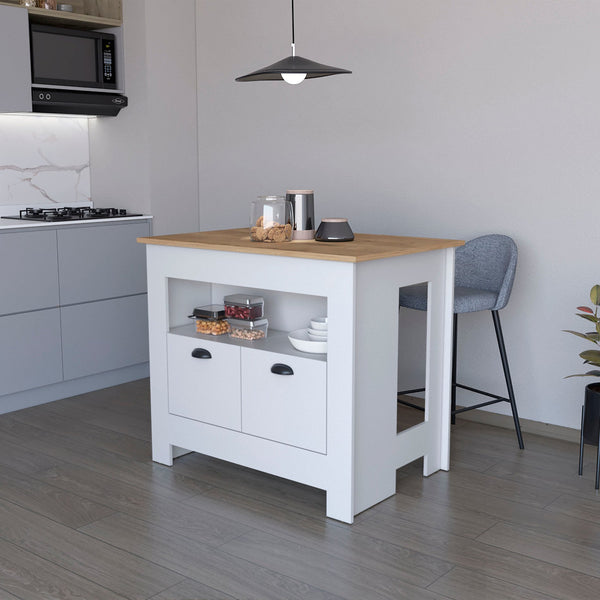 English Elm White 2-Door Kitchen Island with 3 Shelves, Top Display Shelf, Spacious Storage & Elegant White Finish B062P175037