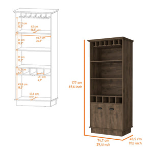 English Elm Claire Bar Cabinet with Glassware Rack and Five Bottle Racks, Dark Brown 3 Shelves, Durable Wood Storage B062S00371