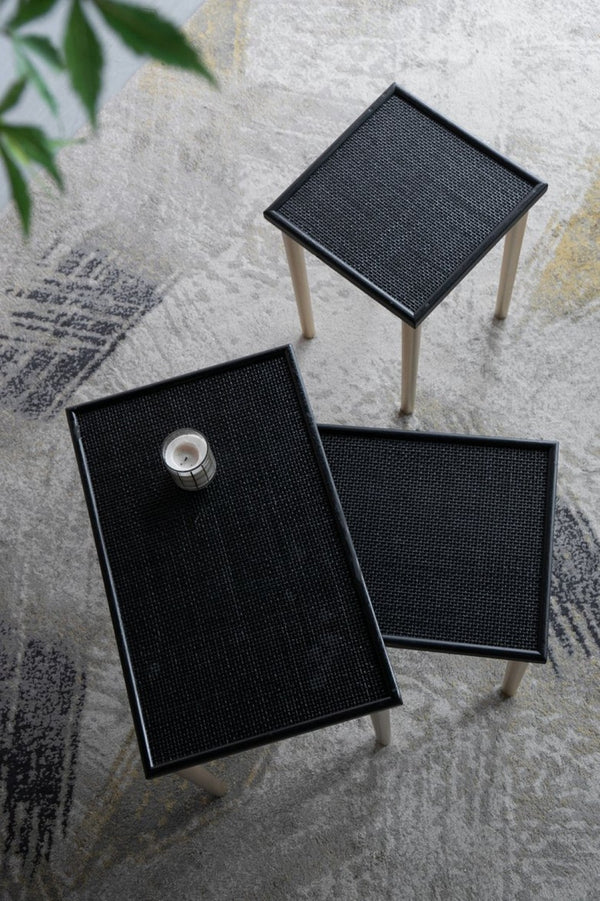 English Elm Set of 3 Rattan Nesting Tables with Gold Legs Bohemian Modern Living Room Accent W2078P175317