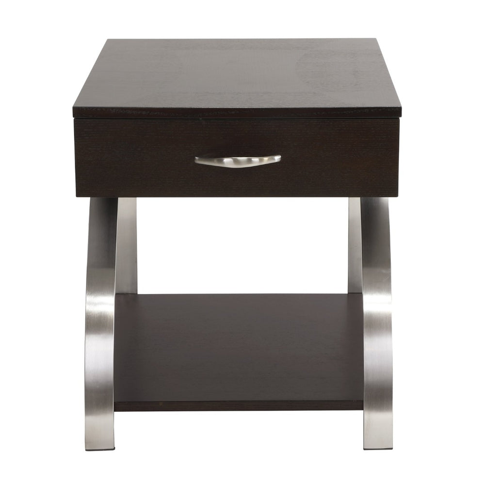 English Elm Modern Espresso Wood Side Table with Chrome Legs Open Shelf and Pull Out Drawer B011P175371