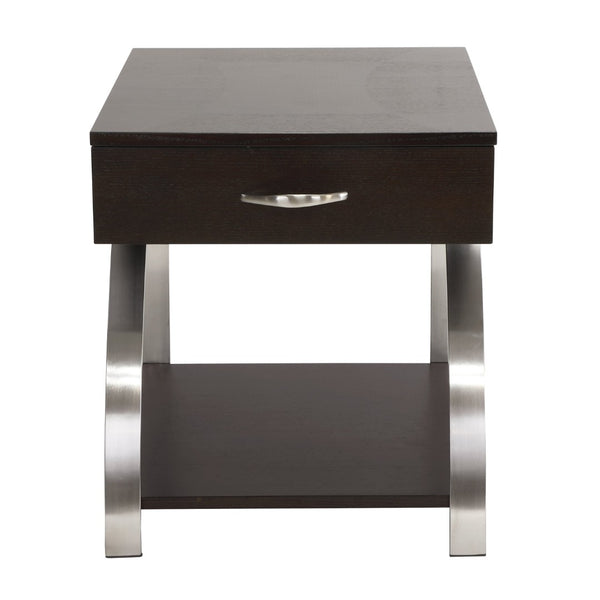 English Elm Modern Espresso Wood Side Table with Chrome Legs Open Shelf and Pull Out Drawer B011P175371