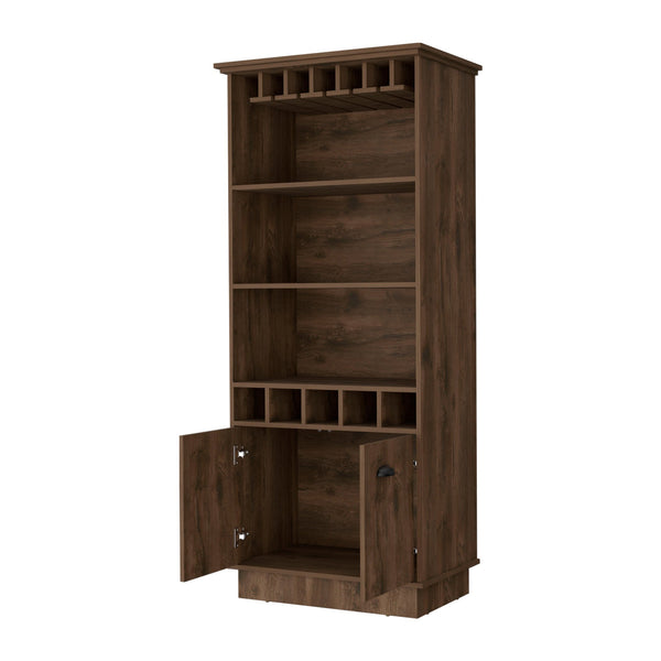 English Elm Claire Bar Cabinet with Glassware Rack and Five Bottle Racks, Dark Brown 3 Shelves, Durable Wood Storage B062S00371