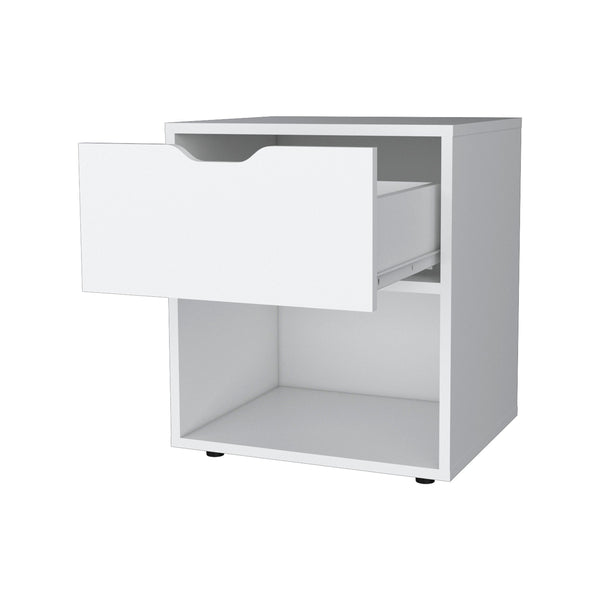 English Elm White Elegant Drawer Nightstand — Sleek White Bedside Table with Drawer & Open Shelf for Stylish Storage B062P175058