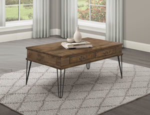 English Elm Rustic Oak Solid Wood Cocktail Table with Hairpin Legs and Two Storage Drawers B011P175332