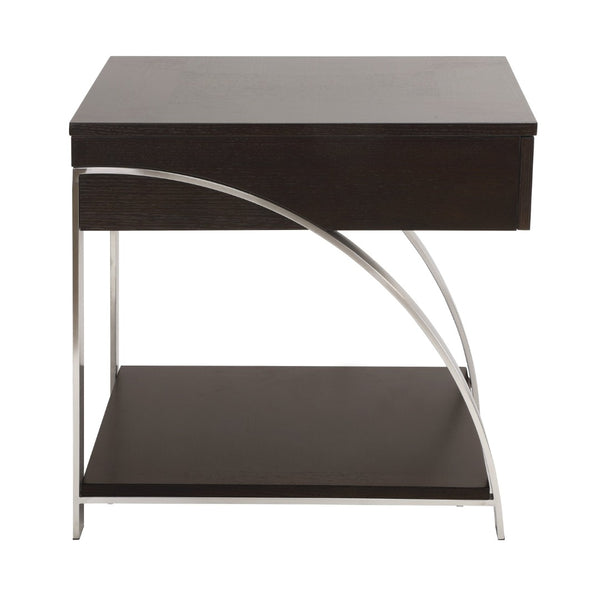 English Elm Modern Espresso Wood Side Table with Chrome Legs Open Shelf and Pull Out Drawer B011P175371