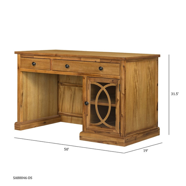 English Elm 50x26x31" Solid Acacia Writing Desk with Glass Cabinet Door Bold Painted Finish Natural Wood+Brown W2078P175452