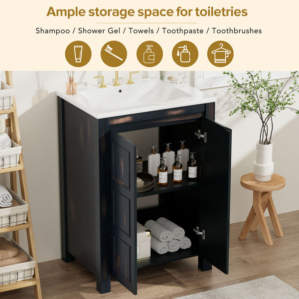 English Elm 48" Vintage Style Bathroom Vanity Cabinet with Ceramic Sink, Soft-Close Doors, Adjustable Shelf, Espresso Finish N729P000003P